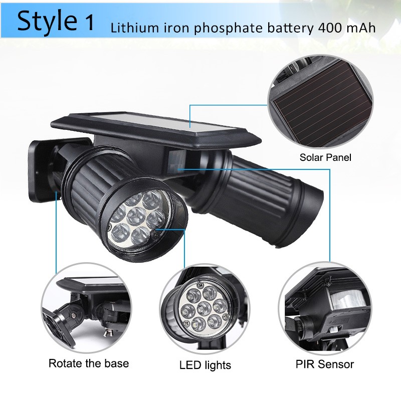 LED solar lamp - PIR motion sensor - dual head spotlight - waterproof wall lightSolar lighting