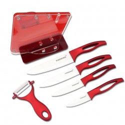 Ceramic kitchen knives set - with holder - red handlesCeramic