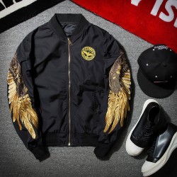 Black bomber jacket with embroidered golden wingsJackets