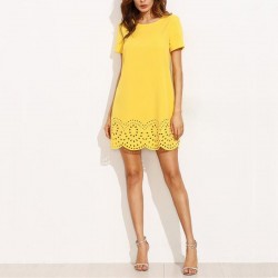 Yellow Short Sleeve Hollow Out Mini DressDresses