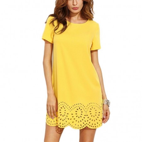 Yellow Short Sleeve Hollow Out Mini DressDresses