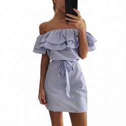 Off shoulders strapless striped ruffles mini dressDresses