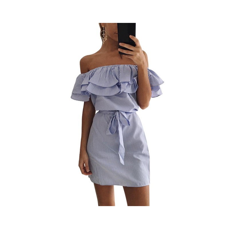 Off shoulders strapless striped ruffles mini dressDresses Off shoulders strapless striped ruffles mini dressDresses