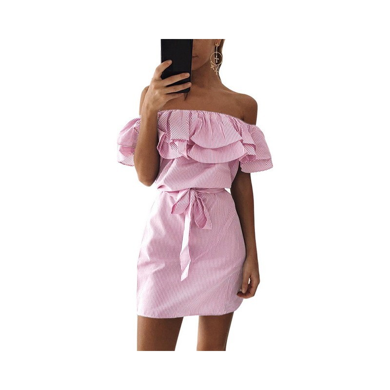 Off shoulders strapless striped ruffles mini dressDresses Off shoulders strapless striped ruffles mini dressDresses