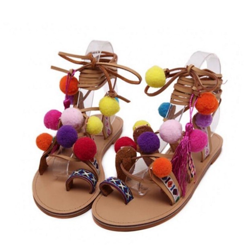 Suede sandals with pompons - leather lacesSandals