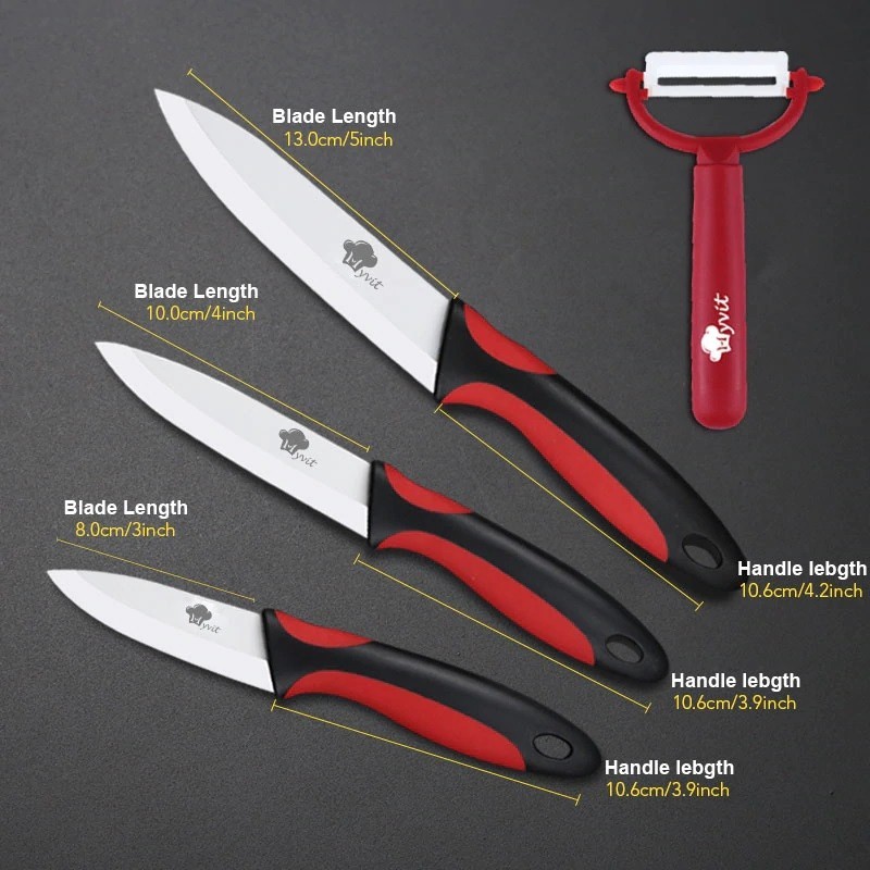 A set of ceramic knives with a peelerCeramic A set of ceramic knives with a peelerCeramic