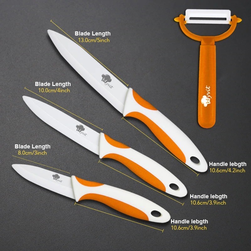 A set of ceramic knives with a peelerCeramic A set of ceramic knives with a peelerCeramic