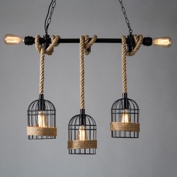 Retro iron hanging lamp with hand knitted rope - lights in cageWall lights