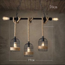 Retro iron hanging lamp with hand knitted rope - lights in cageWall lights