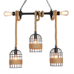 Retro iron hanging lamp with hand knitted rope - lights in cageWall lights