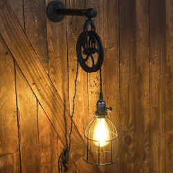 Rustic industrial pipe & pulley design - wall lamp with cordWall lights