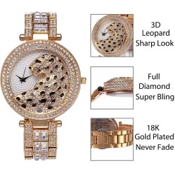Luxury gold quartz watch with diamonds & leopardWatches