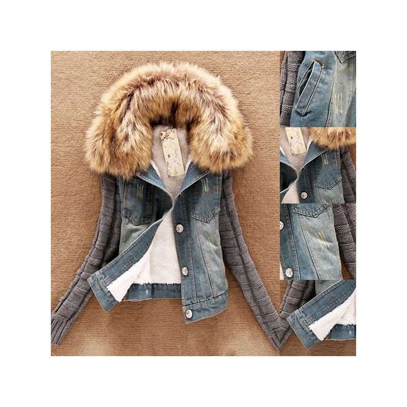 Fashionable denim & fleece short jacket with detachable fur collarJackets Fashionable denim & fleece short jacket with detachable fur collarJackets