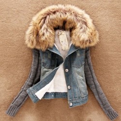 Fashionable denim & fleece short jacket with detachable fur collarJackets
