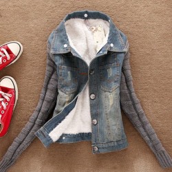 Fashionable denim & fleece short jacket with detachable fur collarJackets