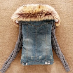 Fashionable denim & fleece short jacket with detachable fur collarJackets