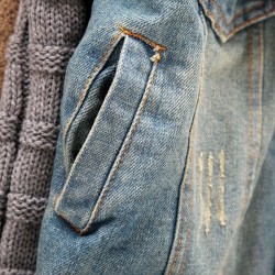 Fashionable denim & fleece short jacket with detachable fur collarJackets